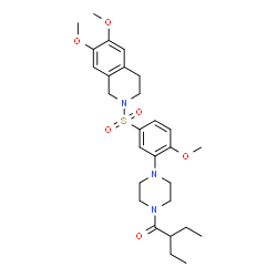 ChemSpider 2D Image | 1-(4-{5-[(6,7-Dimethoxy-3,4-dihydro-2(1H)-isoquinolinyl)sulfonyl]-2-methoxyphenyl}-1-piperazinyl)-2-ethyl-1-butanone | C28H39N3O6S