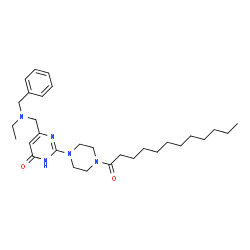 ChemSpider 2D Image | 6-{[Benzyl(ethyl)amino]methyl}-2-(4-dodecanoyl-1-piperazinyl)-4(1H)-pyrimidinone | C30H47N5O2