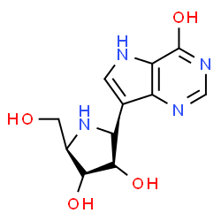 ChemSpider 2D Image | 7-[(2R,5R)-3,4-Dihydroxy-5-(hydroxymethyl)-2-pyrrolidinyl]-1,5-dihydro-4H-pyrrolo[3,2-d]pyrimidin-4-one | C11H14N4O4