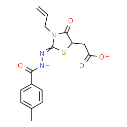 ChemSpider 2D Image | {3-Allyl-2-[(4-methylbenzoyl)hydrazono]-4-oxo-1,3-thiazolidin-5-yl}acetic acid | C16H17N3O4S