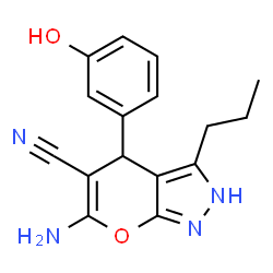 ChemSpider 2D Image | 6-Amino-4-(3-hydroxyphenyl)-3-propyl-2,4-dihydropyrano[2,3-c]pyrazole-5-carbonitrile | C16H16N4O2