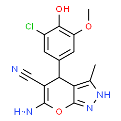 ChemSpider 2D Image | 6-Amino-4-(3-chloro-4-hydroxy-5-methoxyphenyl)-3-methyl-2,4-dihydropyrano[2,3-c]pyrazole-5-carbonitrile | C15H13ClN4O3