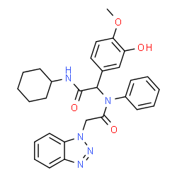 ChemSpider 2D Image | 2-(1H-Benzotriazol-1-yl)-N-[2-(cyclohexylamino)-1-(3-hydroxy-4-methoxyphenyl)-2-oxoethyl]-N-phenylacetamide | C29H31N5O4