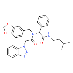 ChemSpider 2D Image | N-(1,3-Benzodioxol-5-ylmethyl)-2-(1H-benzotriazol-1-yl)-N-{2-[(3-methylbutyl)amino]-2-oxo-1-phenylethyl}acetamide | C29H31N5O4
