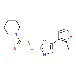 ChemSpider 2D Image | 2-{[5-(2-Methyl-3-furyl)-1,3,4-oxadiazol-2-yl]sulfanyl}-1-(1-piperidinyl)ethanone | C14H17N3O3S