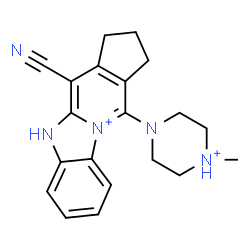 ChemSpider 2D Image | 4-Cyano-11-(4-methylpiperazin-4-ium-1-yl)-1,2,3,5-tetrahydrocyclopenta[4,5]pyrido[1,2-a][3,1]benzimidazol-10-ium | C20H23N5