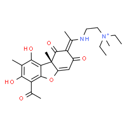 ChemSpider 2D Image | 2-({(1E)-1-[(9bS)-6-Acetyl-7,9-dihydroxy-8,9b-dimethyl-1,3-dioxo-3,9b-dihydrodibenzo[b,d]furan-2(1H)-ylidene]ethyl}amino)-N,N-diethyl-N-methylethanaminium | C25H33N2O6