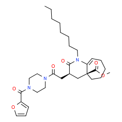 ChemSpider 2D Image | Methyl (3S,4aS)-3-{2-[4-(2-furoyl)-1-piperazinyl]-2-oxoethyl}-1-octyl-2-oxo-1,2,3,4,5,6,7,8-octahydro-4aH-cyclohepta[b]pyridine-4a-carboxylate | C31H45N3O6