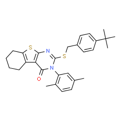ChemSpider 2D Image | 3-(2,5-Dimethylphenyl)-2-{[4-(2-methyl-2-propanyl)benzyl]sulfanyl}-5,6,7,8-tetrahydro[1]benzothieno[2,3-d]pyrimidin-4(3H)-one | C29H32N2OS2