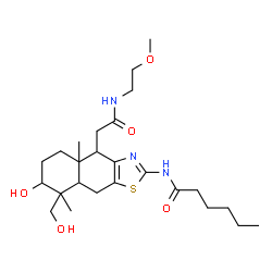 ChemSpider 2D Image | N-[7-Hydroxy-8-(hydroxymethyl)-4-{2-[(2-methoxyethyl)amino]-2-oxoethyl}-4a,8-dimethyl-4,4a,5,6,7,8,8a,9-octahydronaphtho[2,3-d][1,3]thiazol-2-yl]hexanamide | C25H41N3O5S