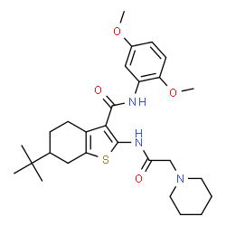 ChemSpider 2D Image | N-(2,5-Dimethoxyphenyl)-6-(2-methyl-2-propanyl)-2-[(1-piperidinylacetyl)amino]-4,5,6,7-tetrahydro-1-benzothiophene-3-carboxamide | C28H39N3O4S