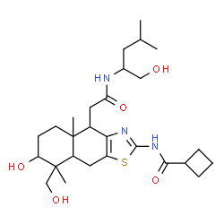 ChemSpider 2D Image | N-[7-Hydroxy-8-(hydroxymethyl)-4-{2-[(1-hydroxy-4-methyl-2-pentanyl)amino]-2-oxoethyl}-4a,8-dimethyl-4,4a,5,6,7,8,8a,9-octahydronaphtho[2,3-d][1,3]thiazol-2-yl]cyclobutanecarboxamide | C27H43N3O5S