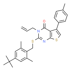 ChemSpider 2D Image | 3-Allyl-2-{[2,6-dimethyl-4-(2-methyl-2-propanyl)benzyl]sulfanyl}-5-(4-methylphenyl)thieno[2,3-d]pyrimidin-4(3H)-one | C29H32N2OS2