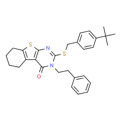 ChemSpider 2D Image | 2-{[4-(2-Methyl-2-propanyl)benzyl]sulfanyl}-3-(2-phenylethyl)-5,6,7,8-tetrahydro[1]benzothieno[2,3-d]pyrimidin-4(3H)-one | C29H32N2OS2