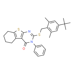 ChemSpider 2D Image | 2-{[2,6-Dimethyl-4-(2-methyl-2-propanyl)benzyl]sulfanyl}-3-phenyl-5,6,7,8-tetrahydro[1]benzothieno[2,3-d]pyrimidin-4(3H)-one | C29H32N2OS2