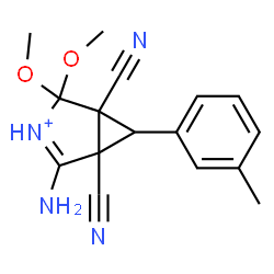 ChemSpider 2D Image | 2-Amino-1,5-dicyano-4,4-dimethoxy-6-(3-methylphenyl)-3-azoniabicyclo[3.1.0]hex-2-ene | C16H17N4O2
