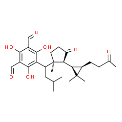 ChemSpider 2D Image | 5-(1-{(1R,2S)-2-[(1R,3R)-2,2-Dimethyl-3-(3-oxobutyl)cyclopropyl]-1-methyl-3-oxocyclopentyl}-3-methylbutyl)-2,4,6-trihydroxyisophthalaldehyde | C28H38O7