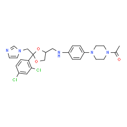 ChemSpider 2D Image | 1-{4-[4-({[2-(2,4-Dichlorophenyl)-2-(1H-imidazol-1-ylmethyl)-1,3-dioxolan-4-yl]methyl}amino)phenyl]-1-piperazinyl}ethanone | C26H29Cl2N5O3