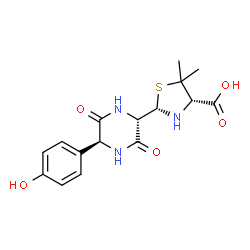 ChemSpider 2D Image | (2S,4S)-2-[(2S,5S)-5-(4-Hydroxyphenyl)-3,6-dioxo-2-piperazinyl]-5,5-dimethyl-1,3-thiazolidine-4-carboxylic acid | C16H19N3O5S