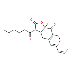ChemSpider 2D Image | 3-Hexanoyl-9a-methyl-6-[(1Z)-1-propen-1-yl]-3a,4,8,9a-tetrahydro-2H-furo[3,2-g]isochromene-2,9(3H)-dione | C21H26O5