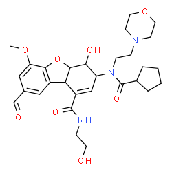 ChemSpider 2D Image | 3-{(Cyclopentylcarbonyl)[2-(4-morpholinyl)ethyl]amino}-8-formyl-4-hydroxy-N-(2-hydroxyethyl)-6-methoxy-3,4,4a,9b-tetrahydrodibenzo[b,d]furan-1-carboxamide | C29H39N3O8
