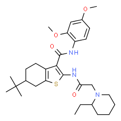 ChemSpider 2D Image | N-(2,4-Dimethoxyphenyl)-2-{[(2-ethyl-1-piperidinyl)acetyl]amino}-6-(2-methyl-2-propanyl)-4,5,6,7-tetrahydro-1-benzothiophene-3-carboxamide | C30H43N3O4S