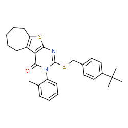ChemSpider 2D Image | 3-(2-Methylphenyl)-2-{[4-(2-methyl-2-propanyl)benzyl]sulfanyl}-3,5,6,7,8,9-hexahydro-4H-cyclohepta[4,5]thieno[2,3-d]pyrimidin-4-one | C29H32N2OS2