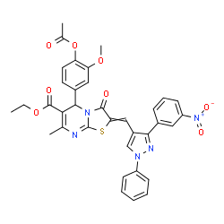 ChemSpider 2D Image | Ethyl 5-(4-acetoxy-3-methoxyphenyl)-7-methyl-2-{[3-(3-nitrophenyl)-1-phenyl-1H-pyrazol-4-yl]methylene}-3-oxo-2,3-dihydro-5H-[1,3]thiazolo[3,2-a]pyrimidine-6-carboxylate | C35H29N5O8S