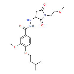 ChemSpider 2D Image | 3-Methoxy-N'-[1-(2-methoxyethyl)-2,5-dioxo-3-pyrrolidinyl]-4-(3-methylbutoxy)benzohydrazide | C20H29N3O6