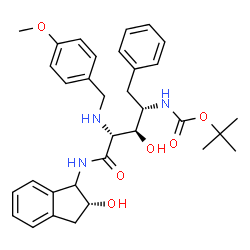 ChemSpider 2D Image | 2-Methyl-2-propanyl {(2S,3R,4R)-3-hydroxy-5-{[(2R)-2-hydroxy-2,3-dihydro-1H-inden-1-yl]amino}-4-[(4-methoxybenzyl)amino]-5-oxo-1-phenyl-2-pentanyl}carbamate | C33H41N3O6