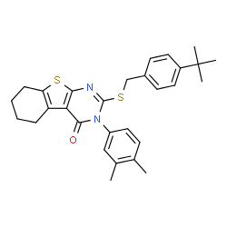 ChemSpider 2D Image | 3-(3,4-Dimethylphenyl)-2-{[4-(2-methyl-2-propanyl)benzyl]sulfanyl}-5,6,7,8-tetrahydro[1]benzothieno[2,3-d]pyrimidin-4(3H)-one | C29H32N2OS2