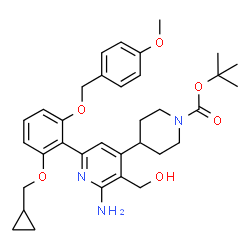 ChemSpider 2D Image | 2-Methyl-2-propanyl 4-[2-amino-6-{2-(cyclopropylmethoxy)-6-[(4-methoxybenzyl)oxy]phenyl}-3-(hydroxymethyl)-4-pyridinyl]-1-piperidinecarboxylate | C34H43N3O6