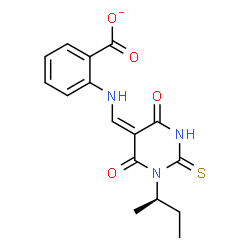 ChemSpider 2D Image | 2-{[(E)-{1-[(2R)-2-Butanyl]-4,6-dioxo-2-thioxotetrahydro-5(2H)-pyrimidinylidene}methyl]amino}benzoate | C16H16N3O4S