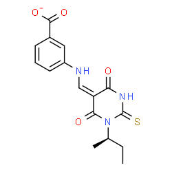 ChemSpider 2D Image | 3-{[(E)-{1-[(2R)-2-Butanyl]-4,6-dioxo-2-thioxotetrahydro-5(2H)-pyrimidinylidene}methyl]amino}benzoate | C16H16N3O4S