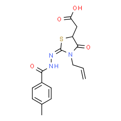 ChemSpider 2D Image | {(2E)-3-Allyl-2-[(4-methylbenzoyl)hydrazono]-4-oxo-1,3-thiazolidin-5-yl}acetic acid | C16H17N3O4S