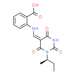 ChemSpider 2D Image | 2-{[(E)-{1-[(2R)-2-Butanyl]-4,6-dioxo-2-thioxotetrahydro-5(2H)-pyrimidinylidene}methyl]amino}benzoic acid | C16H17N3O4S