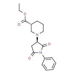 ChemSpider 2D Image | Ethyl (3R)-1-[(3R)-2,5-dioxo-1-phenyl-3-pyrrolidinyl]-3-piperidinecarboxylate | C18H22N2O4