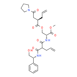 ChemSpider 2D Image | (2R)-2-[(2-{[(1R)-2-Hydroxy-1-phenylethyl]carbamoyl}-4-pentenoyl)amino]-3-methoxy-3-oxopropyl (2R)-2-[2-oxo-2-(1-pyrrolidinyl)ethyl]-4-pentenoate | C29H39N3O8