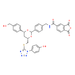 ChemSpider 2D Image | N-{4-[(4R,6S)-4-[4-(Hydroxymethyl)phenyl]-6-({[1-(4-hydroxyphenyl)-1H-tetrazol-5-yl]sulfanyl}methyl)-1,3-dioxan-2-yl]benzyl}-1,3-dioxo-1,3-dihydro-2-benzofuran-5-carboxamide | C35H29N5O8S