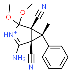 ChemSpider 2D Image | (1S,5R,6R)-2-Amino-1,5-dicyano-4,4-dimethoxy-6-methyl-6-phenyl-3-azoniabicyclo[3.1.0]hex-2-ene | C16H17N4O2