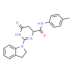 ChemSpider 2D Image | 2-(2,3-Dihydro-1H-indol-1-yl)-N-(4-methylphenyl)-6-oxo-1,4,5,6-tetrahydro-4-pyrimidinecarboxamide | C20H20N4O2
