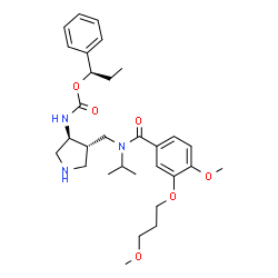 ChemSpider 2D Image | (1R)-1-Phenylpropyl [(3S,4S)-4-({isopropyl[4-methoxy-3-(3-methoxypropoxy)benzoyl]amino}methyl)-3-pyrrolidinyl]carbamate | C30H43N3O6