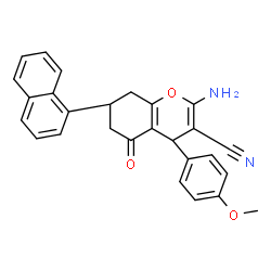 ChemSpider 2D Image | (4R,7S)-2-Amino-4-(4-methoxyphenyl)-7-(1-naphthyl)-5-oxo-5,6,7,8-tetrahydro-4H-chromene-3-carbonitrile | C27H22N2O3
