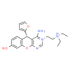 ChemSpider 2D Image | (5S)-4-Amino-3-[2-(diethylammonio)ethyl]-5-(2-furyl)-8-hydroxy-5H-chromeno[2,3-d]pyrimidin-3-ium | C21H26N4O3