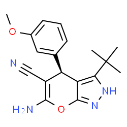 ChemSpider 2D Image | (4R)-6-Amino-4-(3-methoxyphenyl)-3-(2-methyl-2-propanyl)-2,4-dihydropyrano[2,3-c]pyrazole-5-carbonitrile | C18H20N4O2