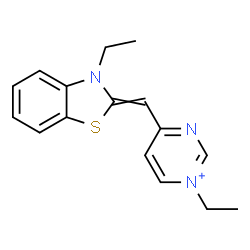 ChemSpider 2D Image | 1-Ethyl-4-[(3-ethyl-1,3-benzothiazol-2(3H)-ylidene)methyl]pyrimidin-1-ium | C16H18N3S