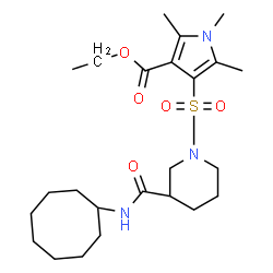 ChemSpider 2D Image | Ethyl 4-{[(3R)-3-(cyclooctylcarbamoyl)-1-piperidinyl]sulfonyl}-1,2,5-trimethyl-1H-pyrrole-3-carboxylate | C24H39N3O5S