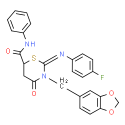 ChemSpider 2D Image | (2E,6S)-3-(1,3-Benzodioxol-5-ylmethyl)-2-[(4-fluorophenyl)imino]-4-oxo-N-phenyl-1,3-thiazinane-6-carboxamide | C25H20FN3O4S