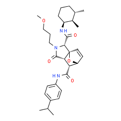 ChemSpider 2D Image | (1S,2S,5S,6R,7R)-N~2~-[(1S,2R,3S)-2,3-Dimethylcyclohexyl]-N~6~-(4-isopropylphenyl)-3-(3-methoxypropyl)-4-oxo-10-oxa-3-azatricyclo[5.2.1.0~1,5~]dec-8-ene-2,6-dicarboxamide | C31H43N3O5