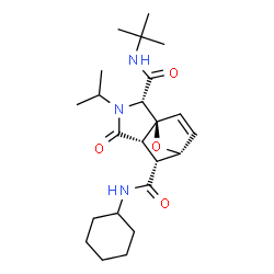 ChemSpider 2D Image | (1S,2S,5S,6R,7R)-N~6~-Cyclohexyl-3-isopropyl-N~2~-(2-methyl-2-propanyl)-4-oxo-10-oxa-3-azatricyclo[5.2.1.0~1,5~]dec-8-ene-2,6-dicarboxamide | C23H35N3O4